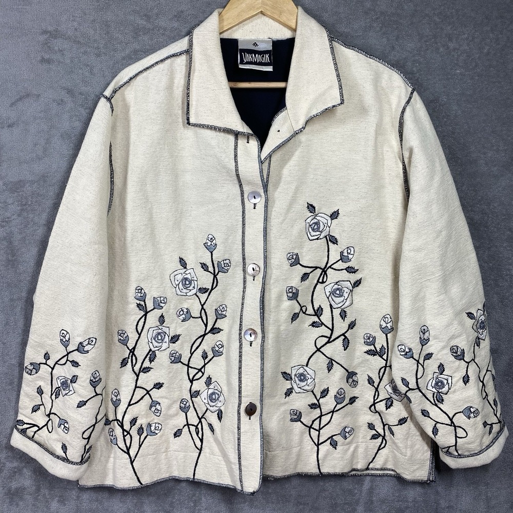 Yak Magik Womens Plus 22 24 Cream Floral Embroidered Beaded Jacket Nepal Cotton